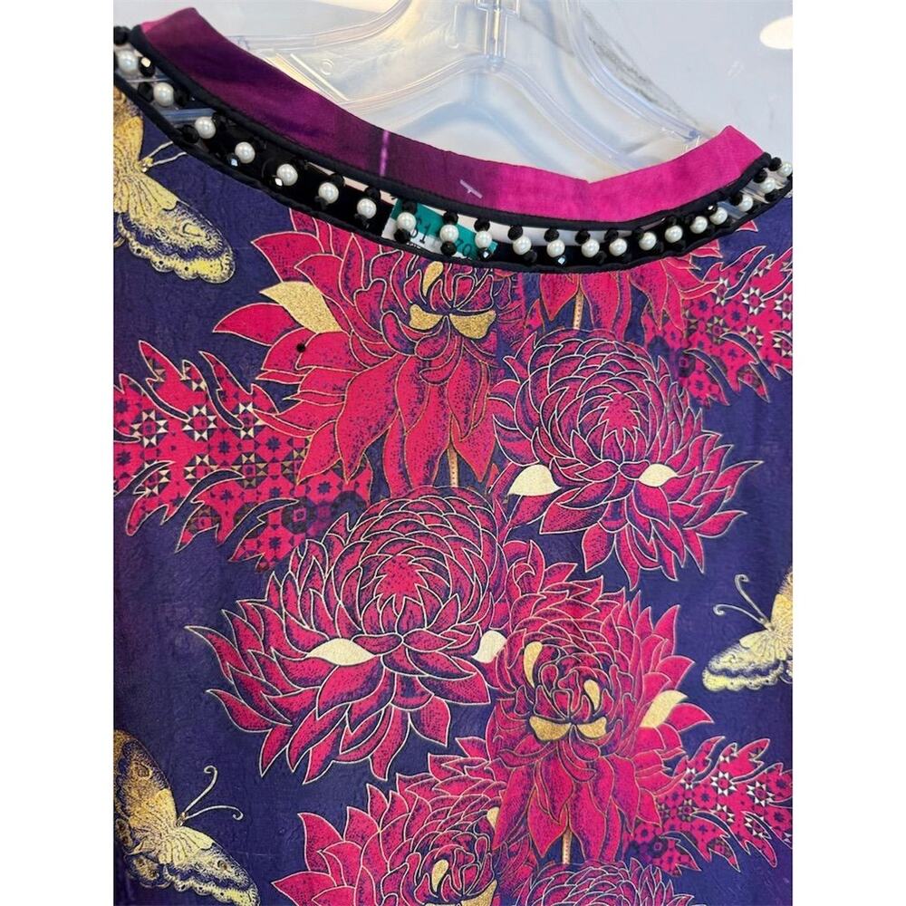 Art-to-wear Sapphire Floral Embroidered Beaded Tunic Dress Bell Sleeve Silk - Picture 8 of 16